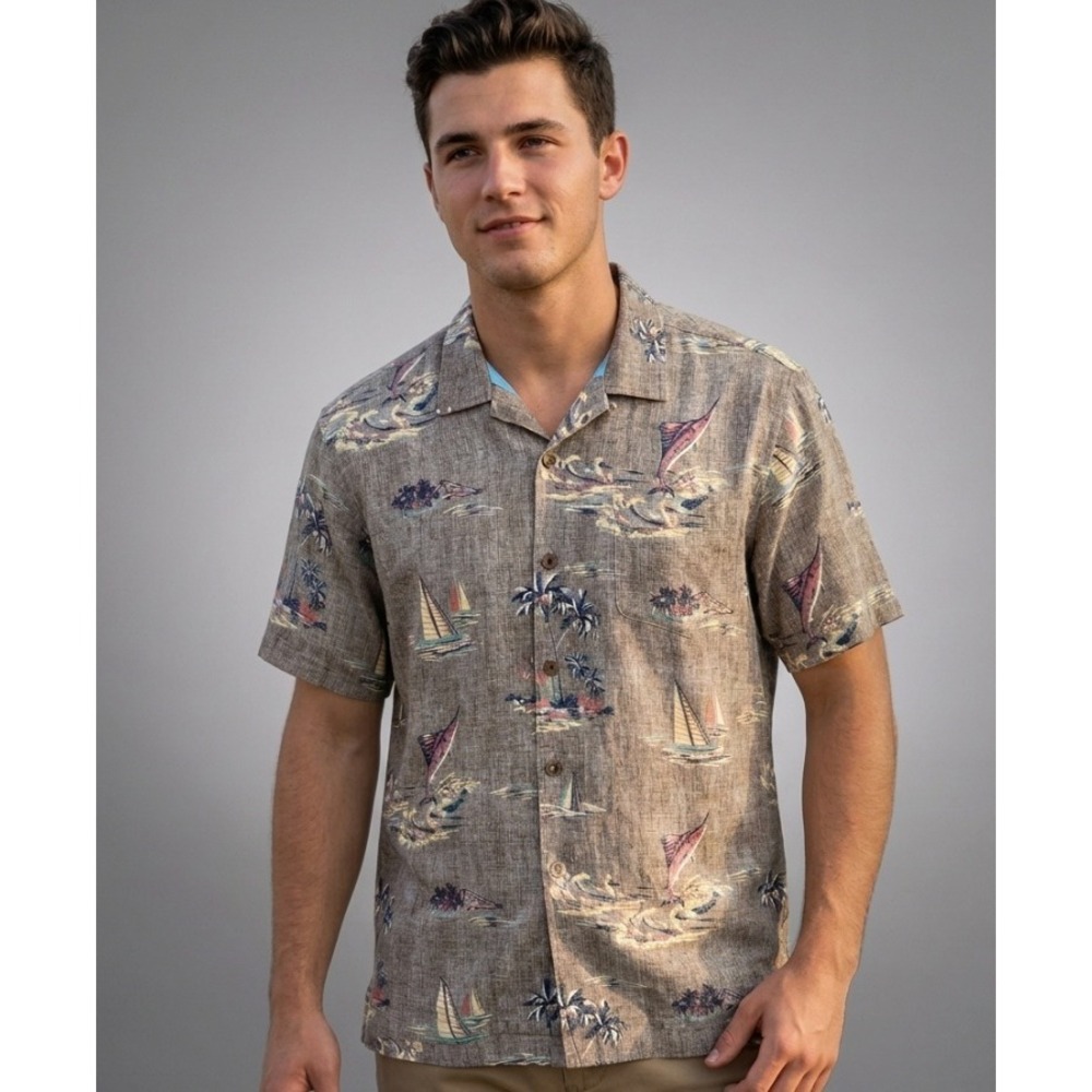 Tommy Bahama Mens Brown 100% Silk Marlin Sailboat Tropical Camp Shirt Sz Medium